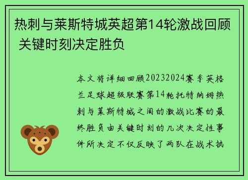 热刺与莱斯特城英超第14轮激战回顾 关键时刻决定胜负
