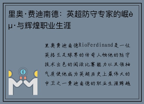 里奥·费迪南德:英超防守专家的崛起与辉煌职业生涯 里奥·费迪南德:英超防守专家的崛起与辉煌职业生涯